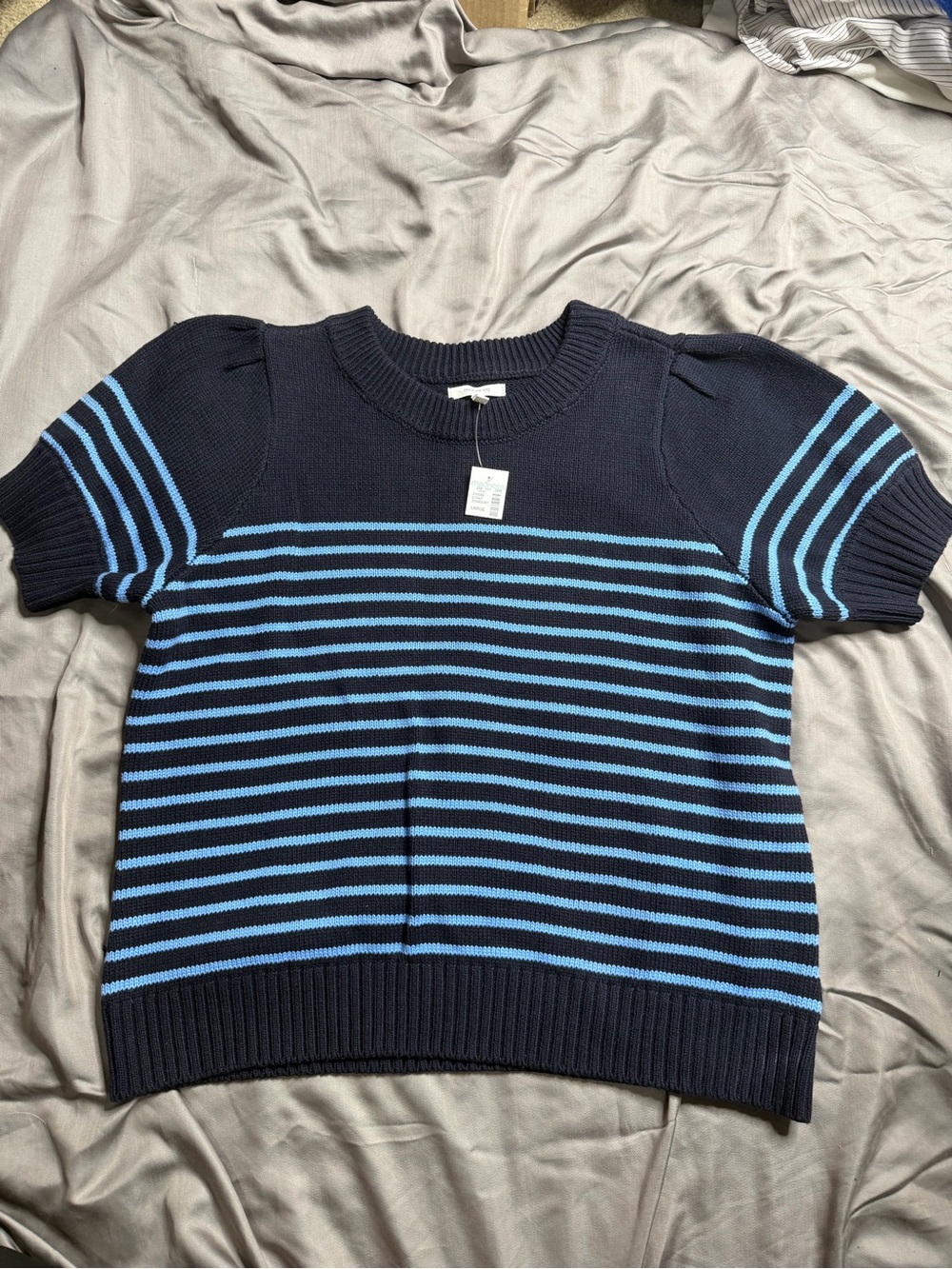 Maurices Navy and Light Blue Striped Short-Sleeve Crew Sweater